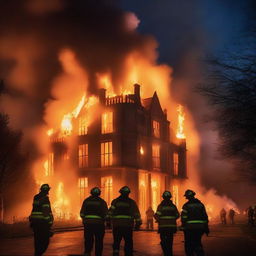 A dramatic scene of Hurstpierpoint College engulfed in flames, with firefighters battling the blaze