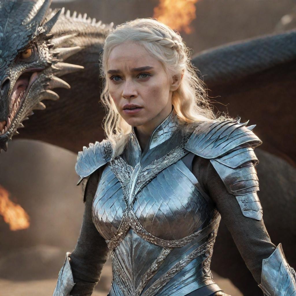 A realistic portrayal of Daenerys Targaryen in her rage, arrayed in dazzling diamond armor, with a fierce dragon in the background