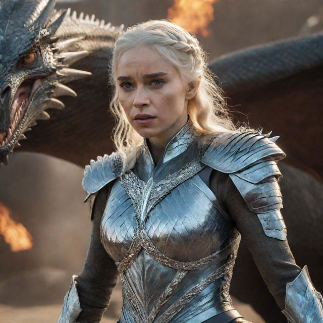 A realistic portrayal of Daenerys Targaryen in her rage, arrayed in dazzling diamond armor, with a fierce dragon in the background