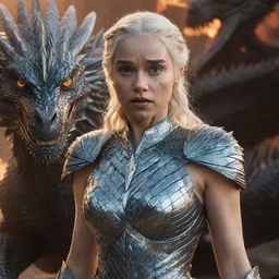 A realistic portrayal of Daenerys Targaryen in her rage, arrayed in dazzling diamond armor, with a fierce dragon in the background