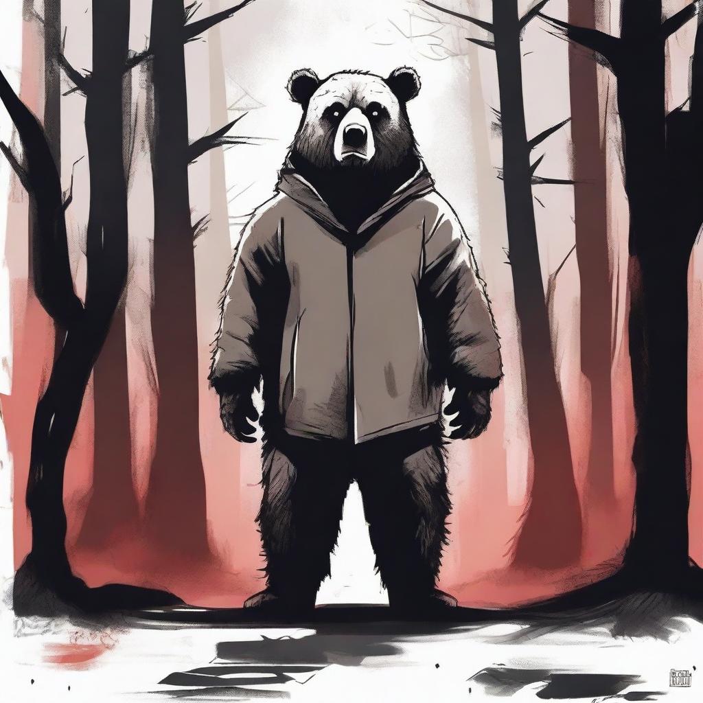 Create a hand-drawn style horror movie poster for cinemas featuring a man in a creepy mascot bear costume