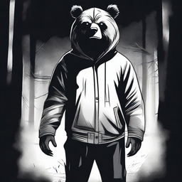 Create a hand-drawn style horror movie poster for cinemas featuring a man in a creepy mascot bear costume