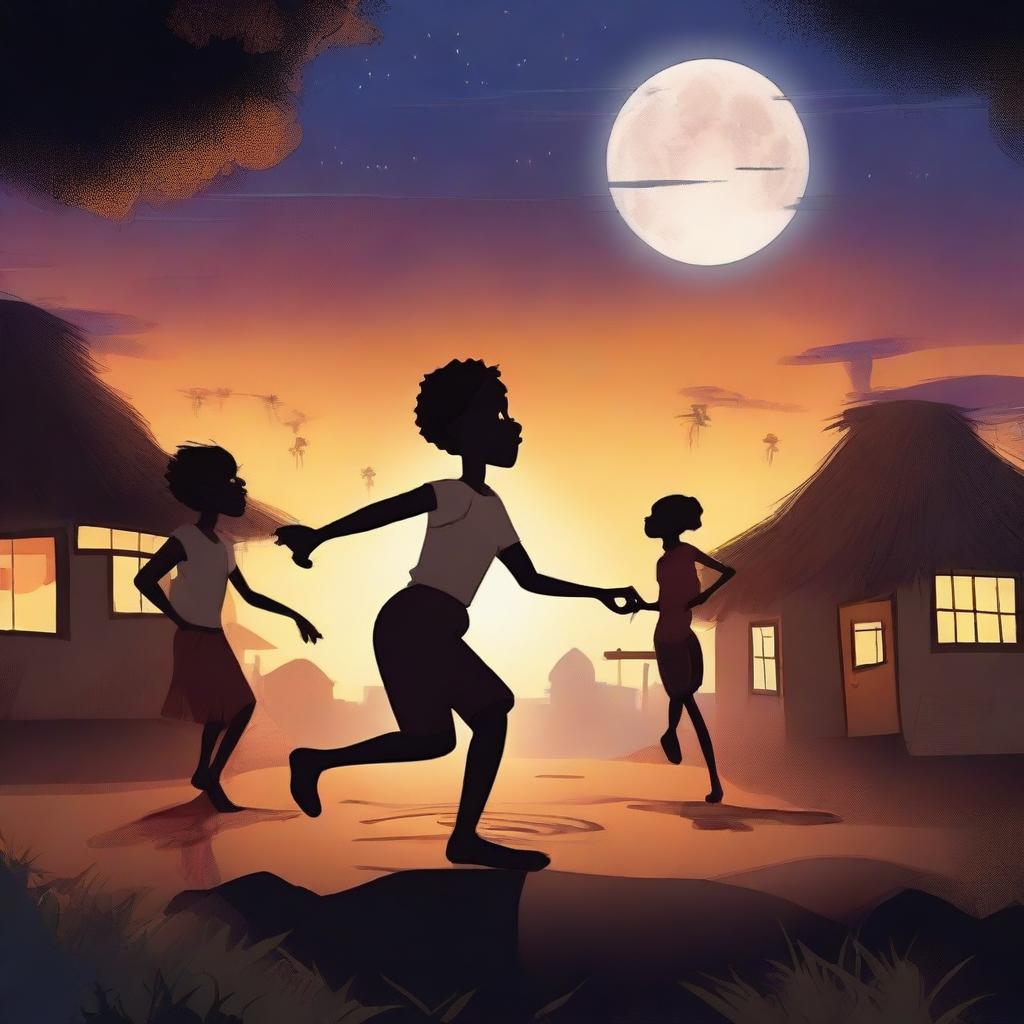 Create a 2D animation poster titled 'Lore', featuring a 13-year-old black boy dancing surrounded by glowing human look-alike ancestors