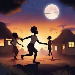 Create a 2D animation poster titled 'Lore', featuring a 13-year-old black boy dancing surrounded by glowing human look-alike ancestors