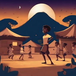 Create a 2D animation poster titled 'Lore', featuring a 13-year-old black boy dancing surrounded by glowing human look-alike ancestors