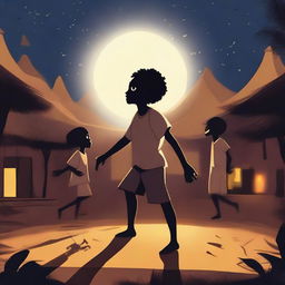 Create a 2D animation poster titled 'Lore', featuring a 13-year-old black boy dancing surrounded by glowing human look-alike ancestors