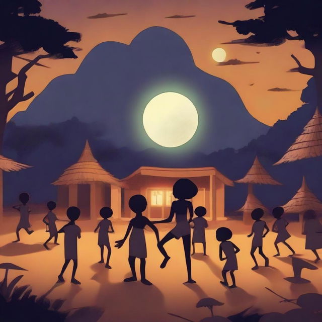 Create a 2D animation poster titled 'Lore', featuring a 13-year-old black boy dancing surrounded by glowing human look-alike ancestors