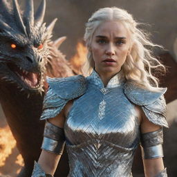 A realistic portrayal of Daenerys Targaryen in her rage, arrayed in dazzling diamond armor, with a fierce dragon in the background