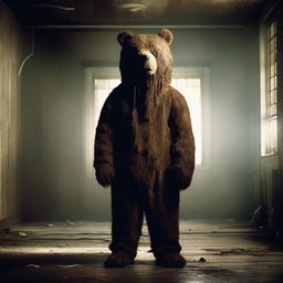 Create an old school horror movie poster for cinemas featuring a man in a creepy mascot bear costume