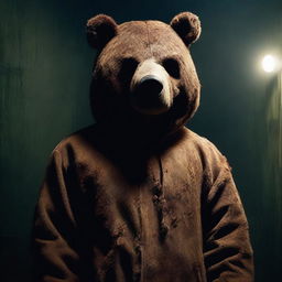 Create an old school horror movie poster for cinemas featuring a man in a creepy mascot bear costume