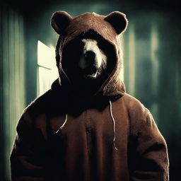 Create an old school horror movie poster for cinemas featuring a man in a creepy mascot bear costume