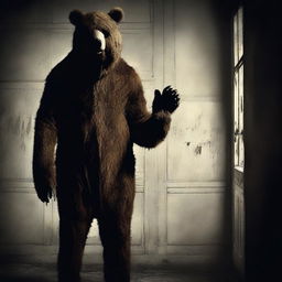 Create an old school horror movie poster for cinemas featuring a man in a creepy mascot bear costume