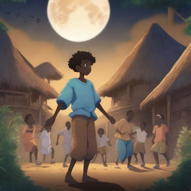 Create a 2D animation poster titled 'Lore' in an anime style, featuring a 13-year-old black boy dancing surrounded by glowing human look-alike ancestors