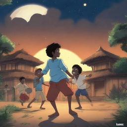 Create a 2D animation poster titled 'Lore' in an anime style, featuring a 13-year-old black boy dancing surrounded by glowing human look-alike ancestors