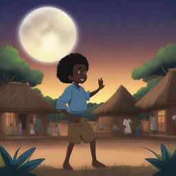 Create a 2D animation poster titled 'Lore' in an anime style, featuring a 13-year-old black boy dancing surrounded by glowing human look-alike ancestors