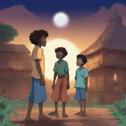 Create a 2D animation poster titled 'Lore' in an anime style, featuring a 13-year-old black boy dancing surrounded by glowing human look-alike ancestors