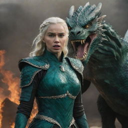 Realistic representation of an enraged Daenerys Targaryen donning a resplendent emerald green armor, with a dominating dragon in the background