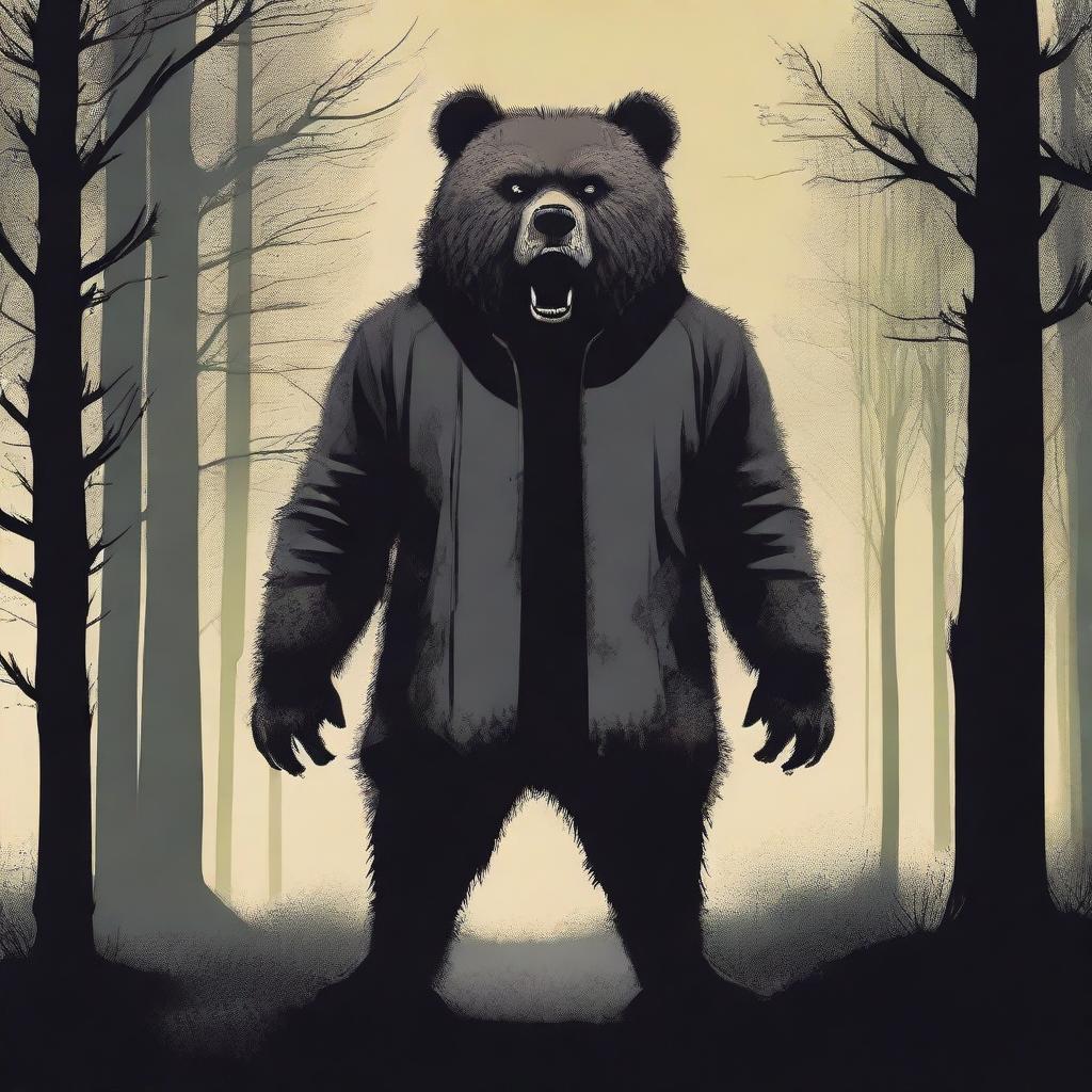 Create an old school horror movie poster for cinemas featuring a man in a creepy mascot bear costume with a graphic design style