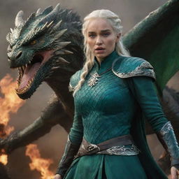 Realistic representation of an enraged Daenerys Targaryen donning a resplendent emerald green armor, with a dominating dragon in the background