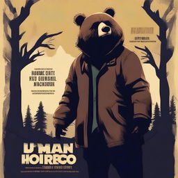 Create an old school horror movie poster for cinemas featuring a man in a creepy mascot bear costume with a graphic design style