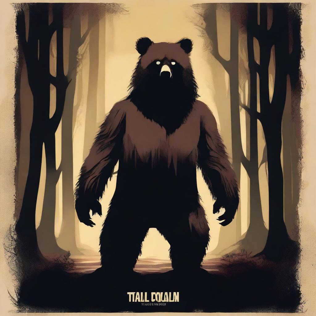 Create an old school horror film poster for cinemas featuring a man in a creepy mascot bear costume with a graphic design style