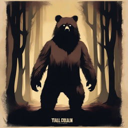 Create an old school horror film poster for cinemas featuring a man in a creepy mascot bear costume with a graphic design style