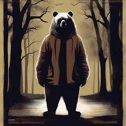 Create an old school horror film poster for cinemas featuring a man in a creepy mascot bear costume with a graphic design style