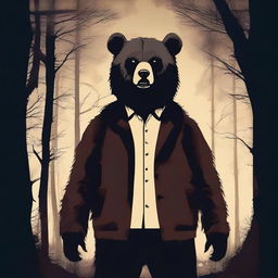 Create an old school horror film poster for cinemas featuring a man in a creepy mascot bear costume with a graphic design style