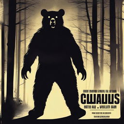 Create an old school horror film poster for cinemas featuring a man in a creepy mascot bear costume with a graphic design style