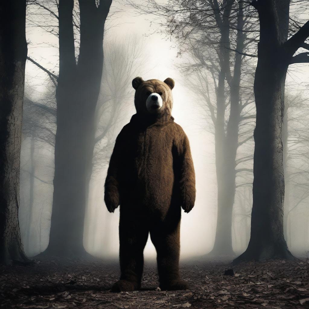 Create an old school horror film poster for cinemas featuring a man in a creepy mascot bear costume in a park