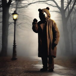 Create an old school horror film poster for cinemas featuring a man in a creepy mascot bear costume in a park