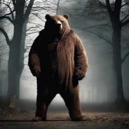 Create an old school horror film poster for cinemas featuring a man in a creepy mascot bear costume in a park