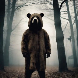 Create an old school horror film poster for cinemas featuring a man in a creepy mascot bear costume in a park