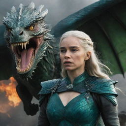 Realistic representation of an enraged Daenerys Targaryen donning a resplendent emerald green armor, with a dominating dragon in the background