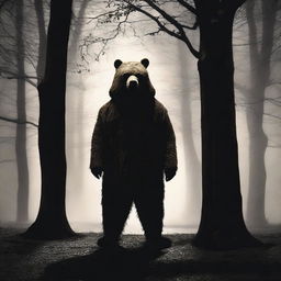 Create an old school horror film poster for cinemas featuring a man in a creepy mascot bear costume in a park