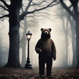 Create an old school horror film poster for cinemas featuring a man in a creepy mascot bear costume in a park