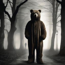 Create an old school horror film poster for cinemas featuring a man in a creepy mascot bear costume in a park