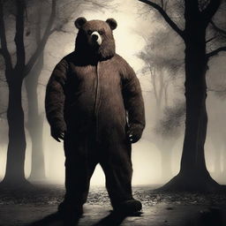 Create an old school horror film poster for cinemas featuring a man in a creepy mascot bear costume in a park