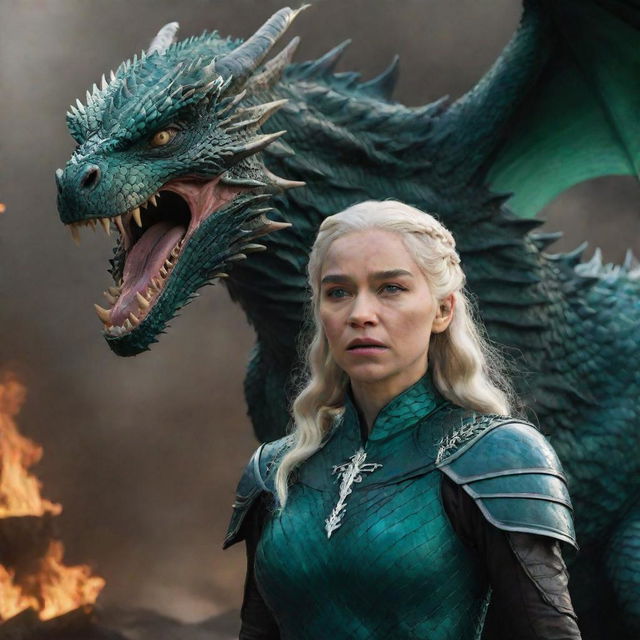 Realistic representation of an enraged Daenerys Targaryen donning a resplendent emerald green armor, with a dominating dragon in the background