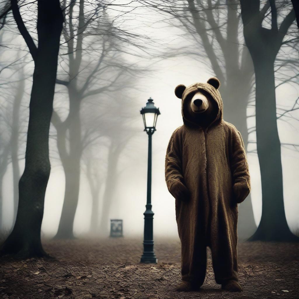 Create an old school horror film poster for cinemas featuring a man in a creepy mascot bear costume in a park