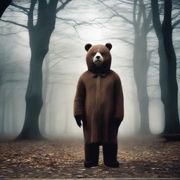 Create an old school horror film poster for cinemas featuring a man in a creepy mascot bear costume in a park