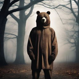 Create an old school horror film poster for cinemas featuring a man in a creepy mascot bear costume in a park