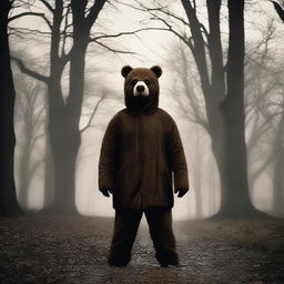 Create an old school horror film poster for cinemas featuring a man in a creepy mascot bear costume in a park