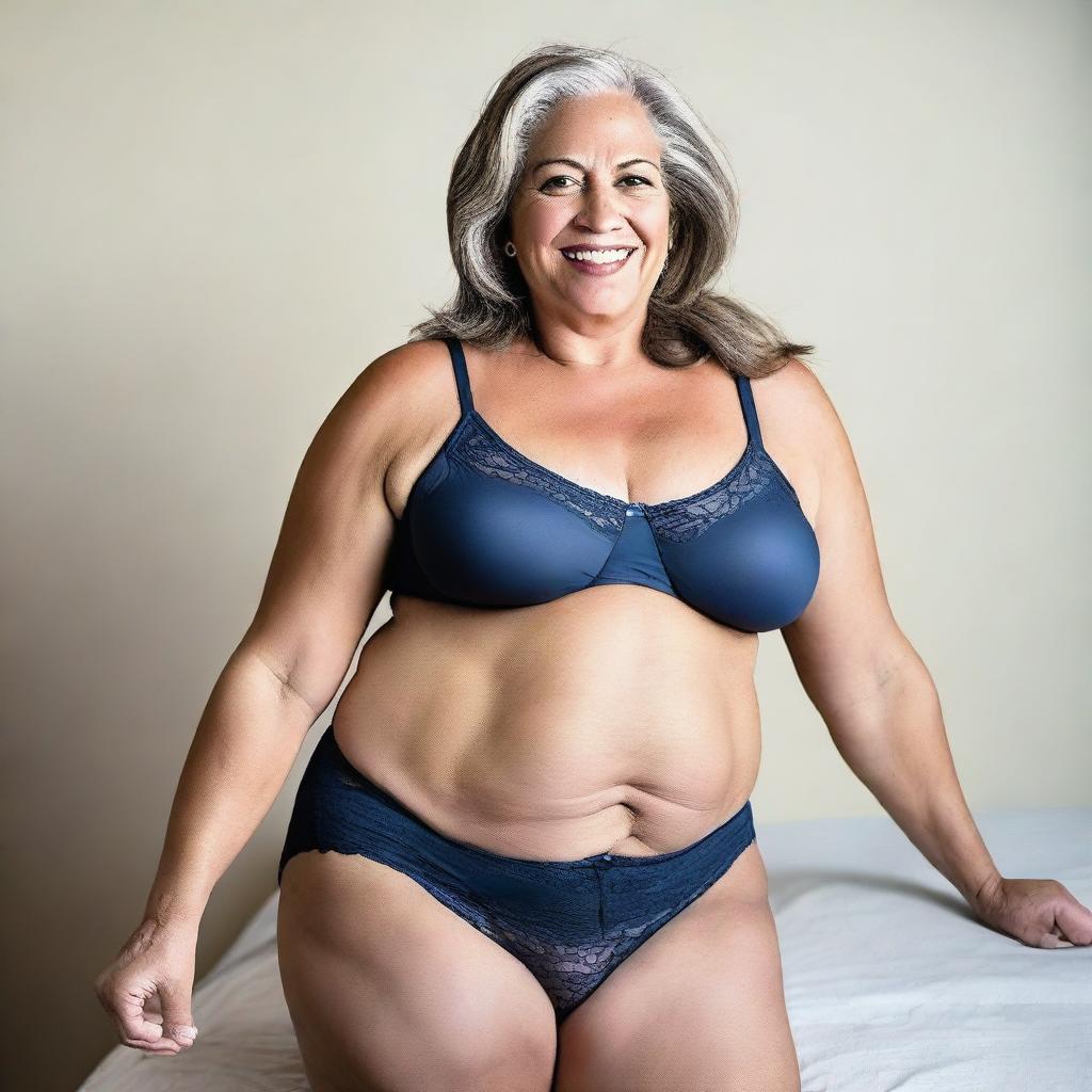 A 50-year-old woman confidently showing off her curves while wearing panties