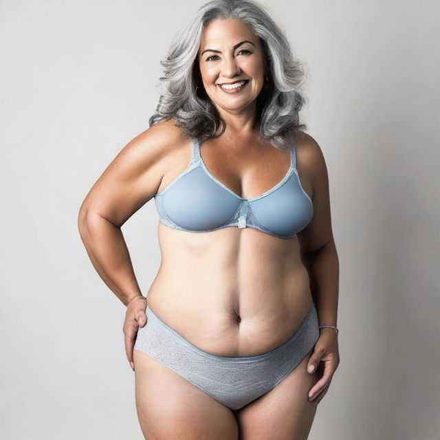 A 50-year-old woman confidently showing off her curves while wearing panties