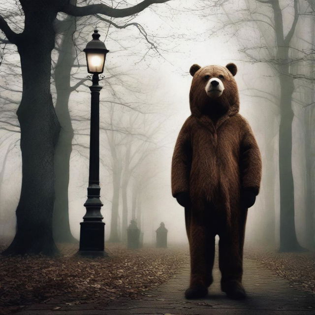 Create an old school horror film poster for cinemas featuring a man in a creepy mascot bear costume in a park