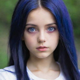 A young girl with dark blue hair and mysterious purple eyes.