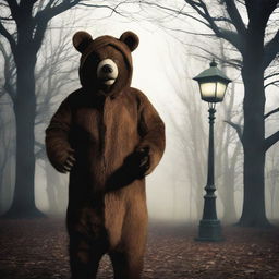 Create an old school horror film poster for cinemas featuring a man in a creepy mascot bear costume in a park