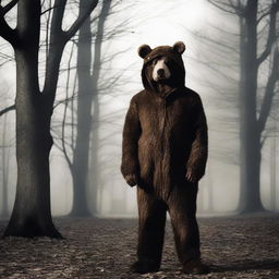 Create an old school horror film poster for cinemas featuring a man in a creepy mascot bear costume in a park