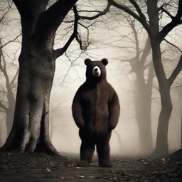 Create an old school horror film poster for cinemas featuring a man in a creepy mascot bear costume in a park